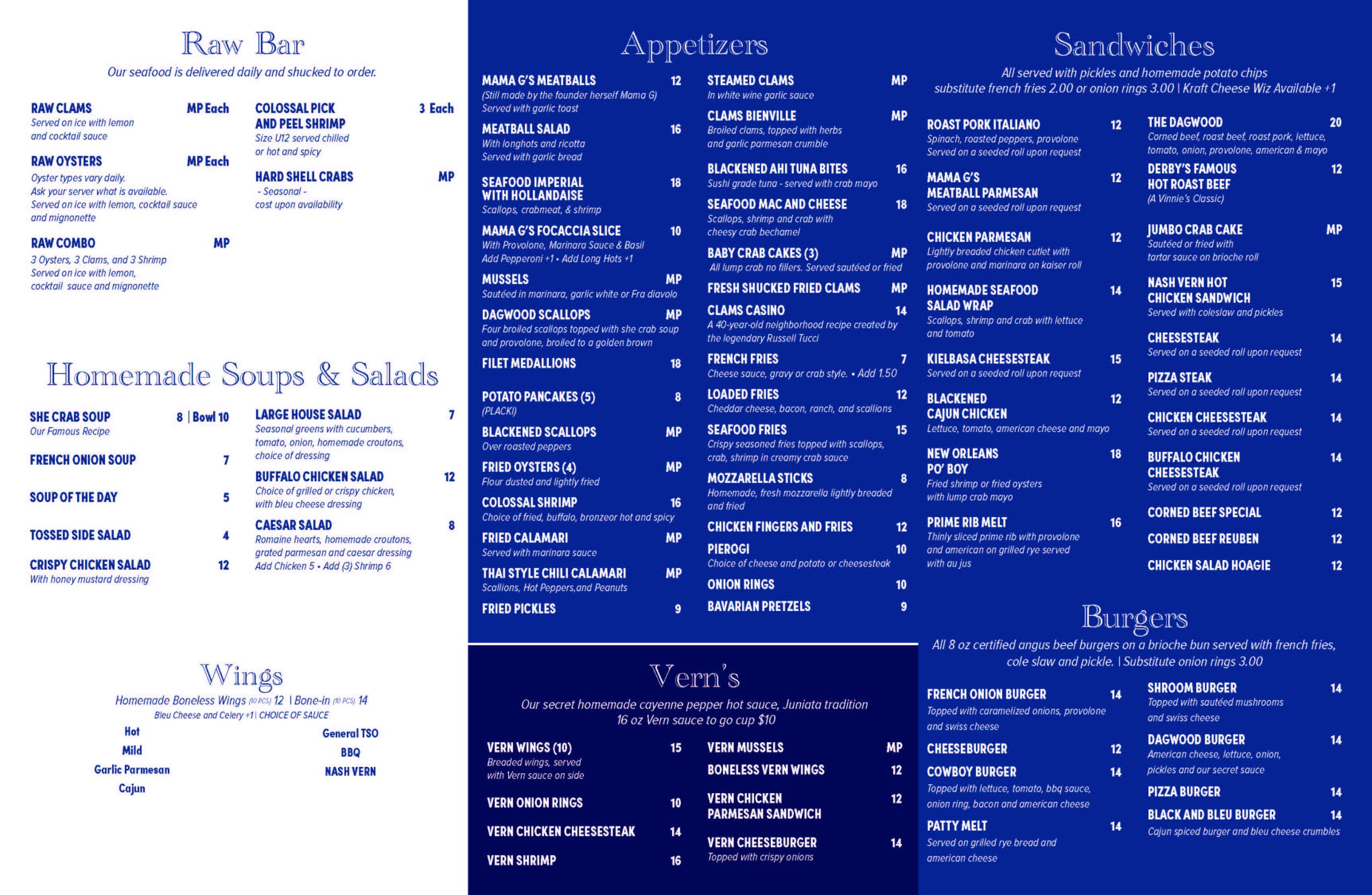 The menu for a restaurant in blue and white.