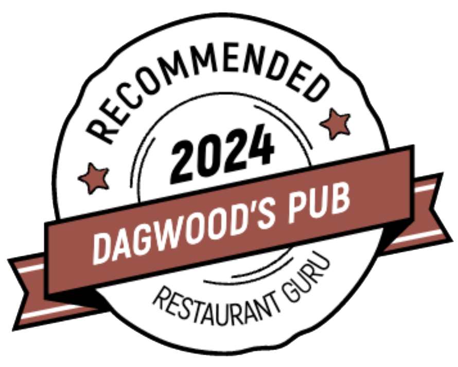 A badge recommending 'dagwood’s pub' as a top choice for 2024 by restaurant guru, featuring a circular white and gray design with a red diagonal ribbon.