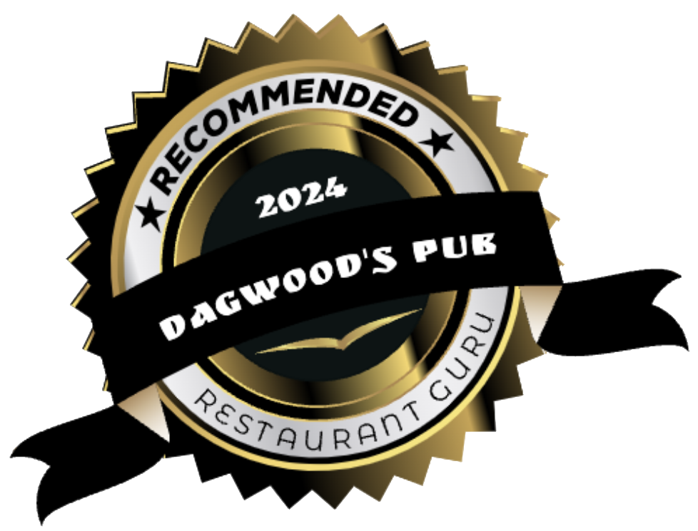 Gold seal with stars and text "recommended 2024" above a black ribbon stating "dagwood's pub restaurant guru".
